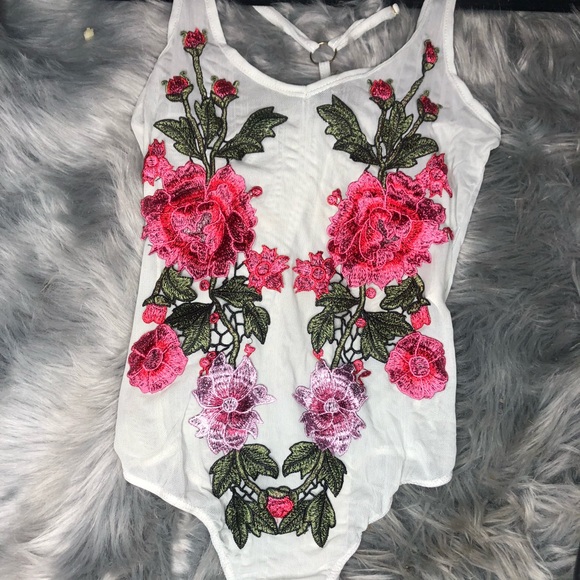 Tops - White body suit with Rose Detailing
